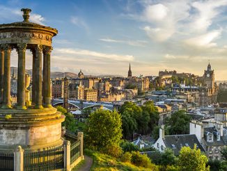 View of the Edinburgh castle from Calton Hill at sunset